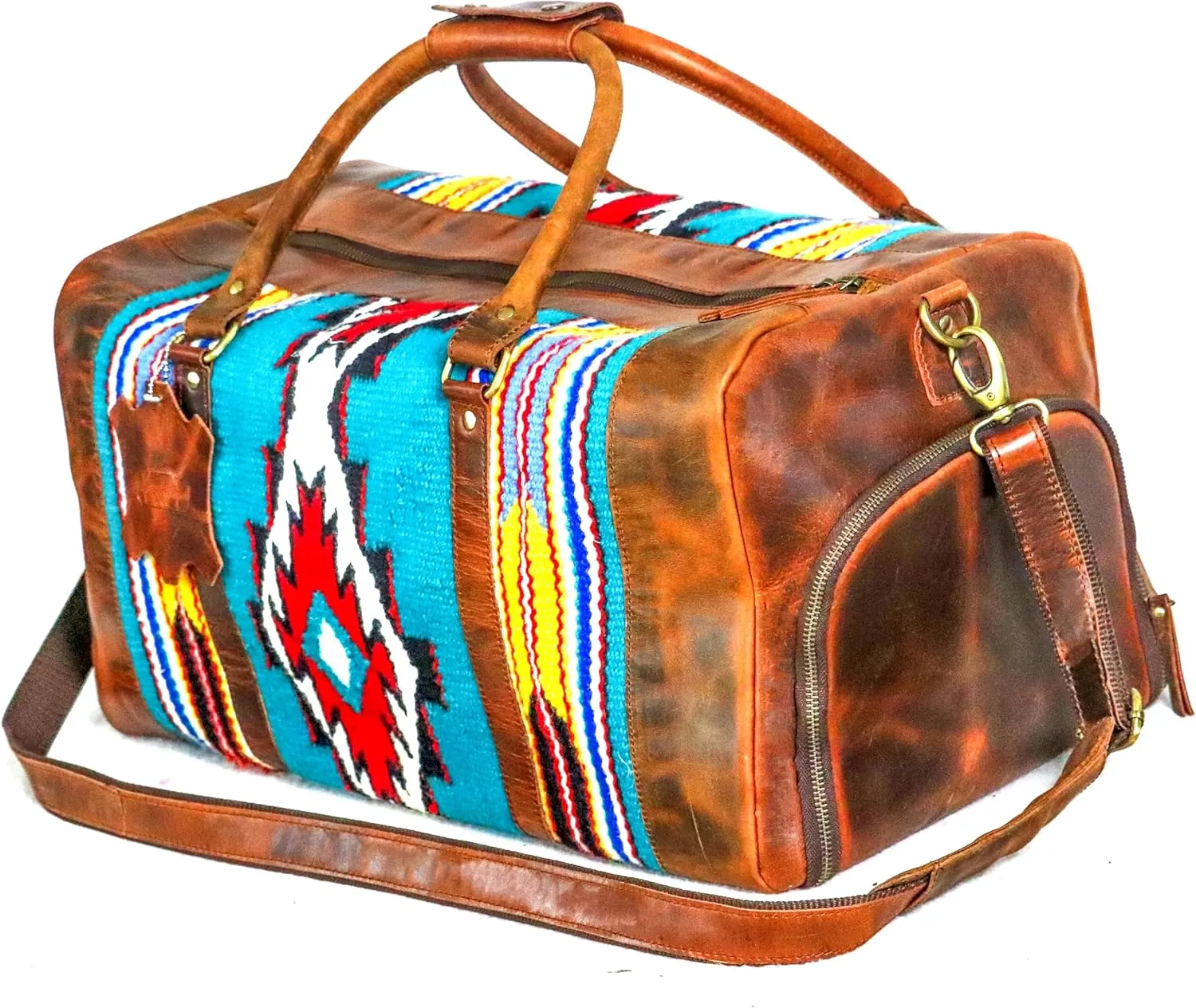 Handmade Premium Duffle Bag leather heavy duty Gym Sports Airplane Overnight Luggage Carry On Unisex Travel Hand woven Rug Bag Wollen Bag Gift for His/Her (RUG DUFFLE BAG STYLE_03)