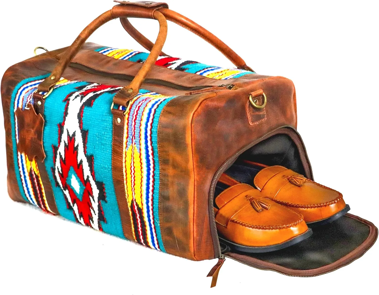 Handmade Premium Duffle Bag leather heavy duty Gym Sports Airplane Overnight Luggage Carry On Unisex Travel Hand woven Rug Bag Wollen Bag Gift for His/Her_05