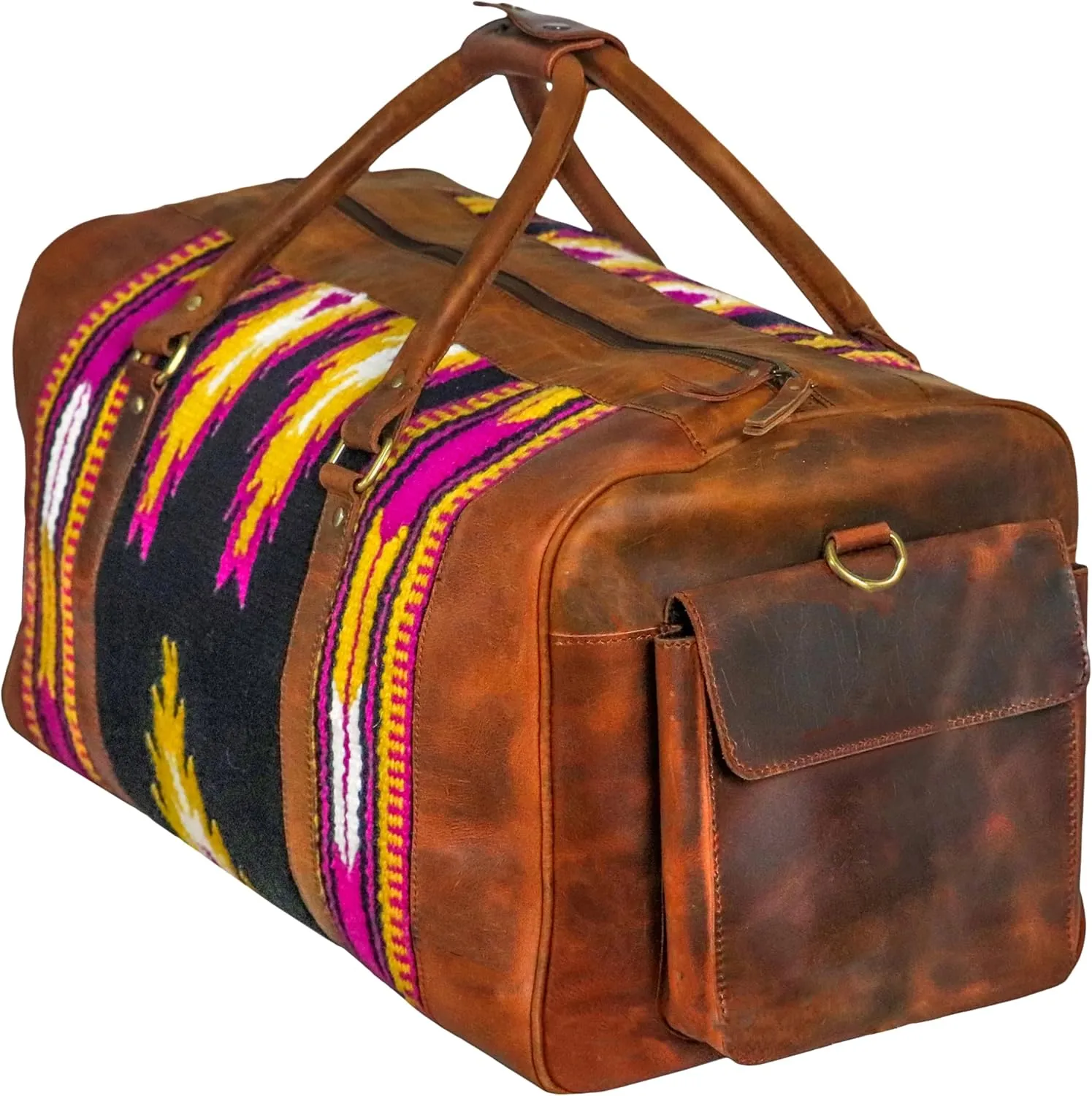 Handmade Premium Duffle Bag leather heavy duty Gym Sports Airplane Overnight Luggage Carry On Unisex Travel Hand woven Rug Bag Wollen Hand Bag Gift for His/Her (RUG DUFFLE BAG STYLE_04)