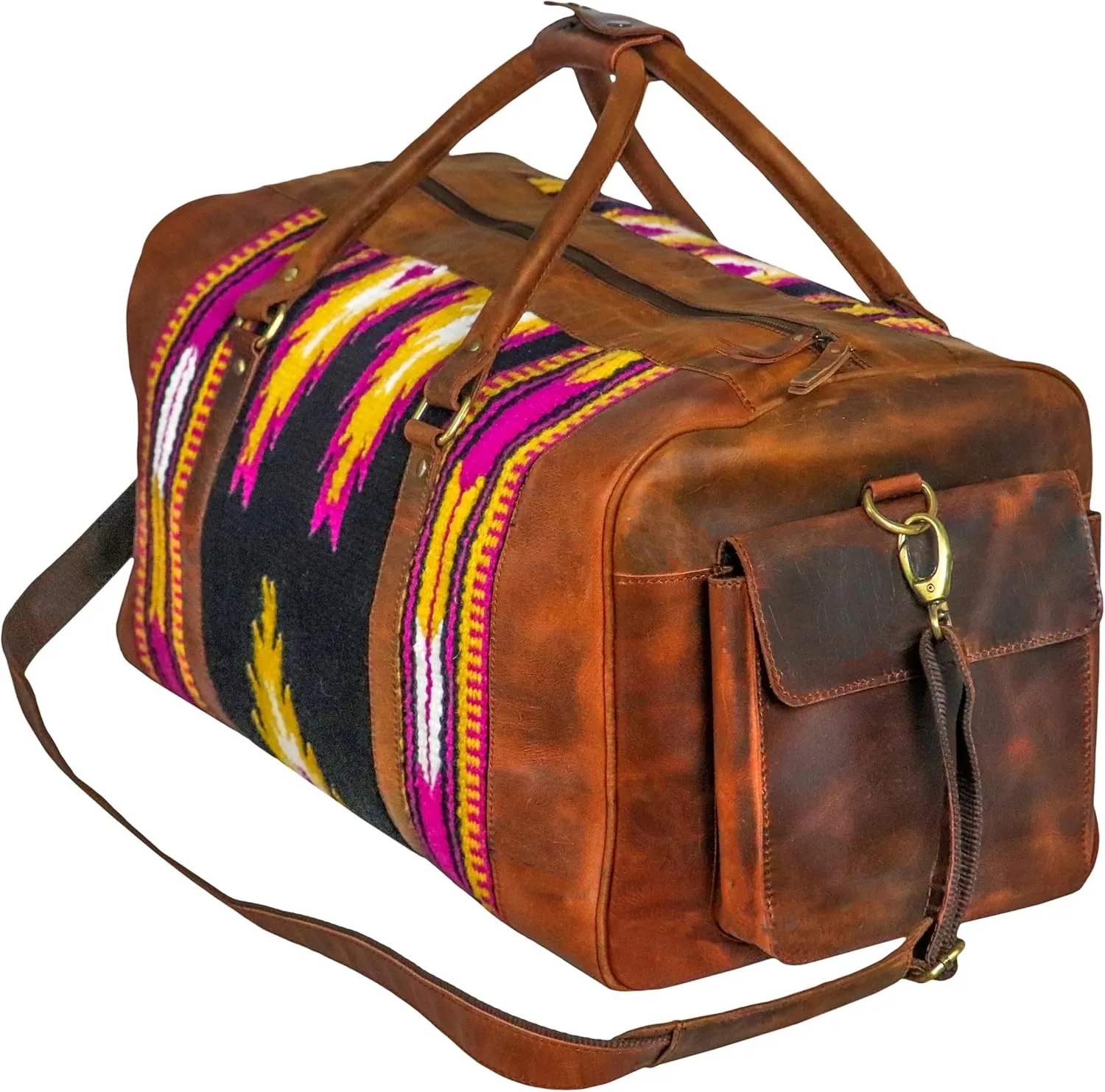 Handmade Premium Duffle Bag leather heavy duty Gym Sports Airplane Overnight Luggage Carry On Unisex Travel Hand woven Rug Bag Wollen Hand Bag Gift for His/Her (RUG DUFFLE BAG STYLE_04)