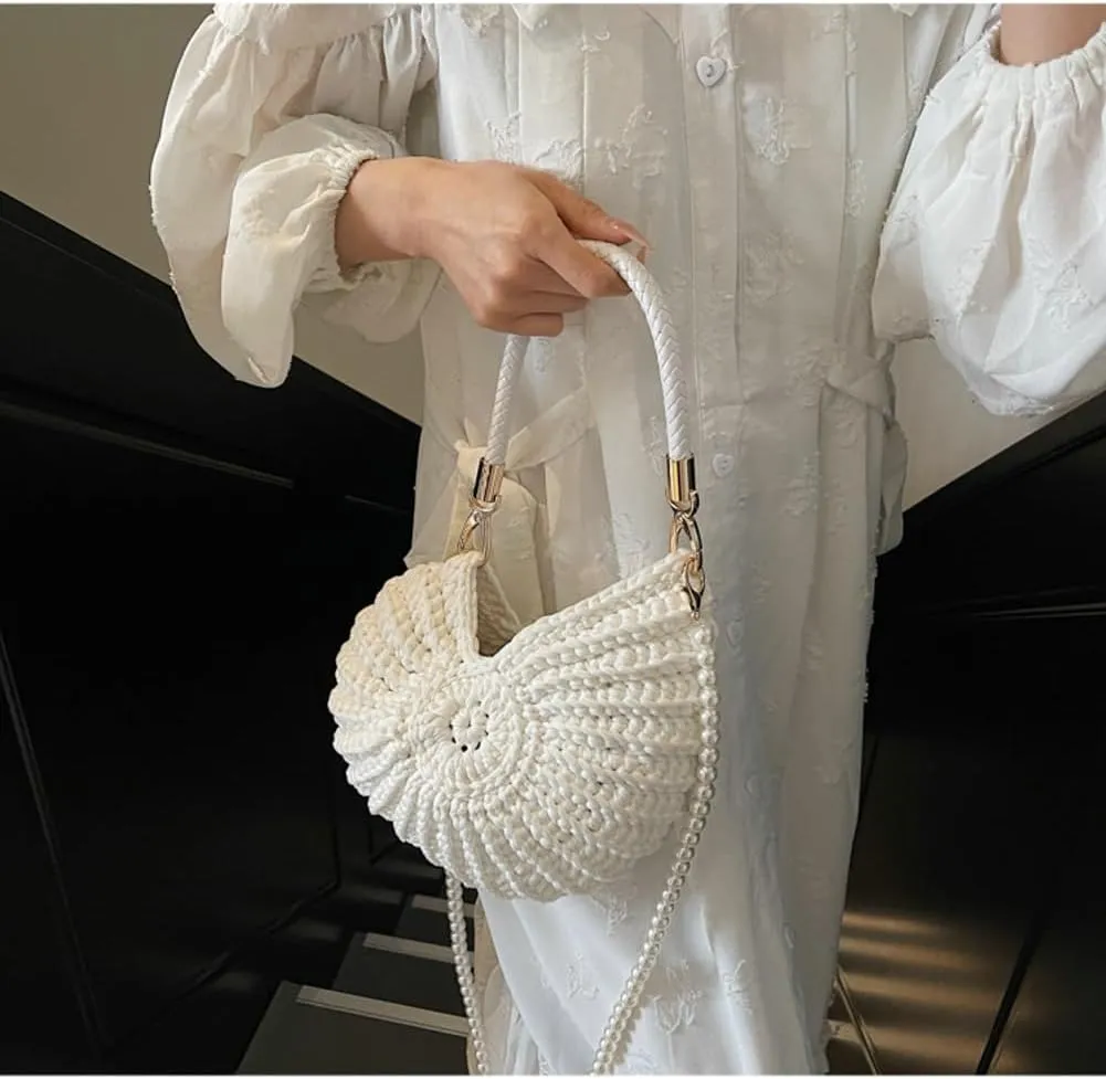 Handwoven Seashell Hobo Bags Women Crochet Summer Beach Bag Boho Knitted Evening Clutch Purses Hobo Crossbody Shoulder Bag