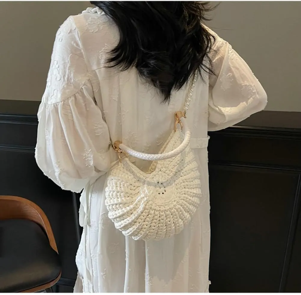 Handwoven Seashell Hobo Bags Women Crochet Summer Beach Bag Boho Knitted Evening Clutch Purses Hobo Crossbody Shoulder Bag