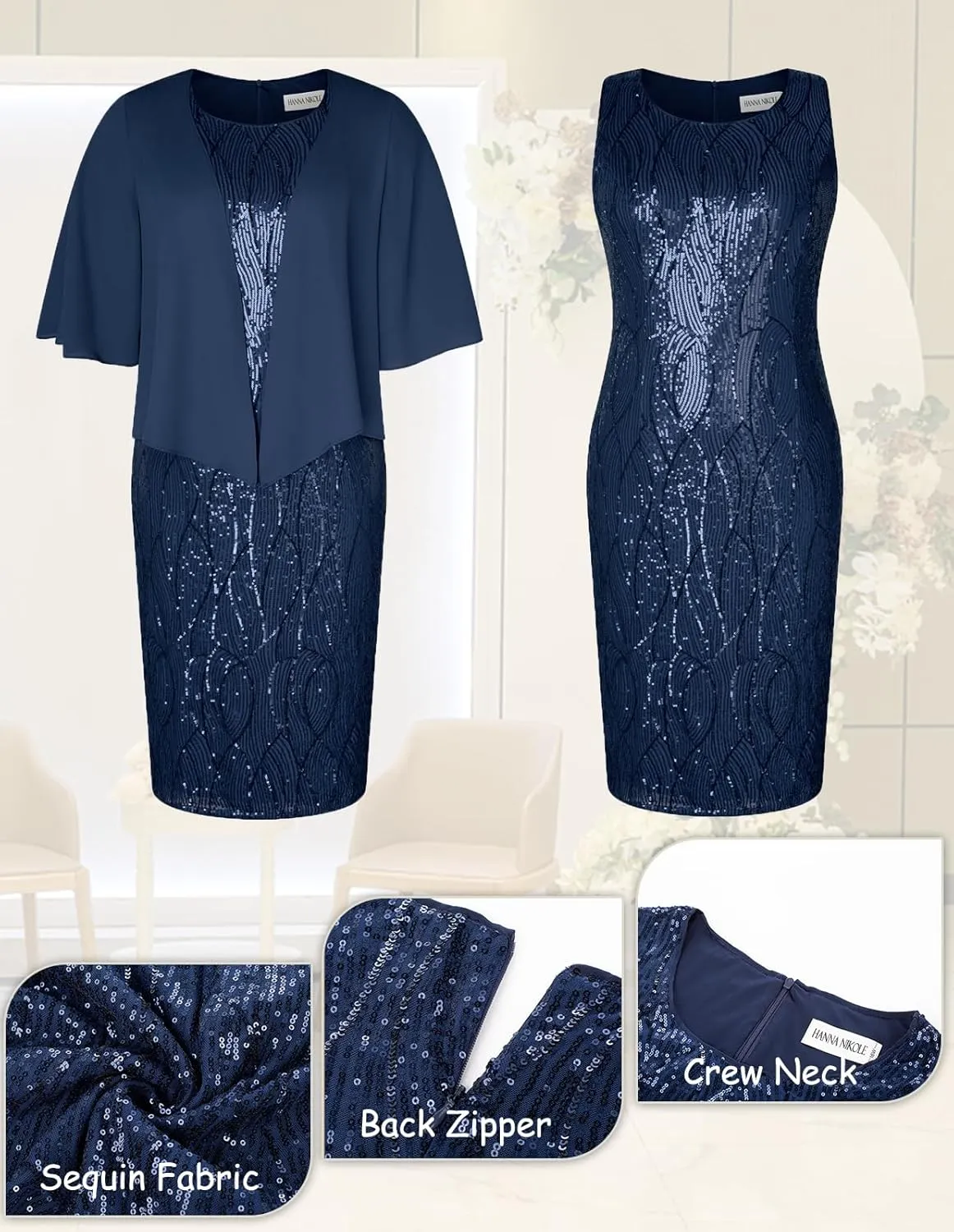 Hanna Nikole Womens Plus Size Sequin Party Dress 2 Piece Cocktail Formal Dress with Jacket Mother of The Bride Dress Sets