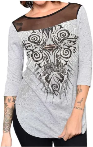 Harley-Davidson Women's Fall Fresh Embellished Mesh 3/4 Sleeve Top, Gray
