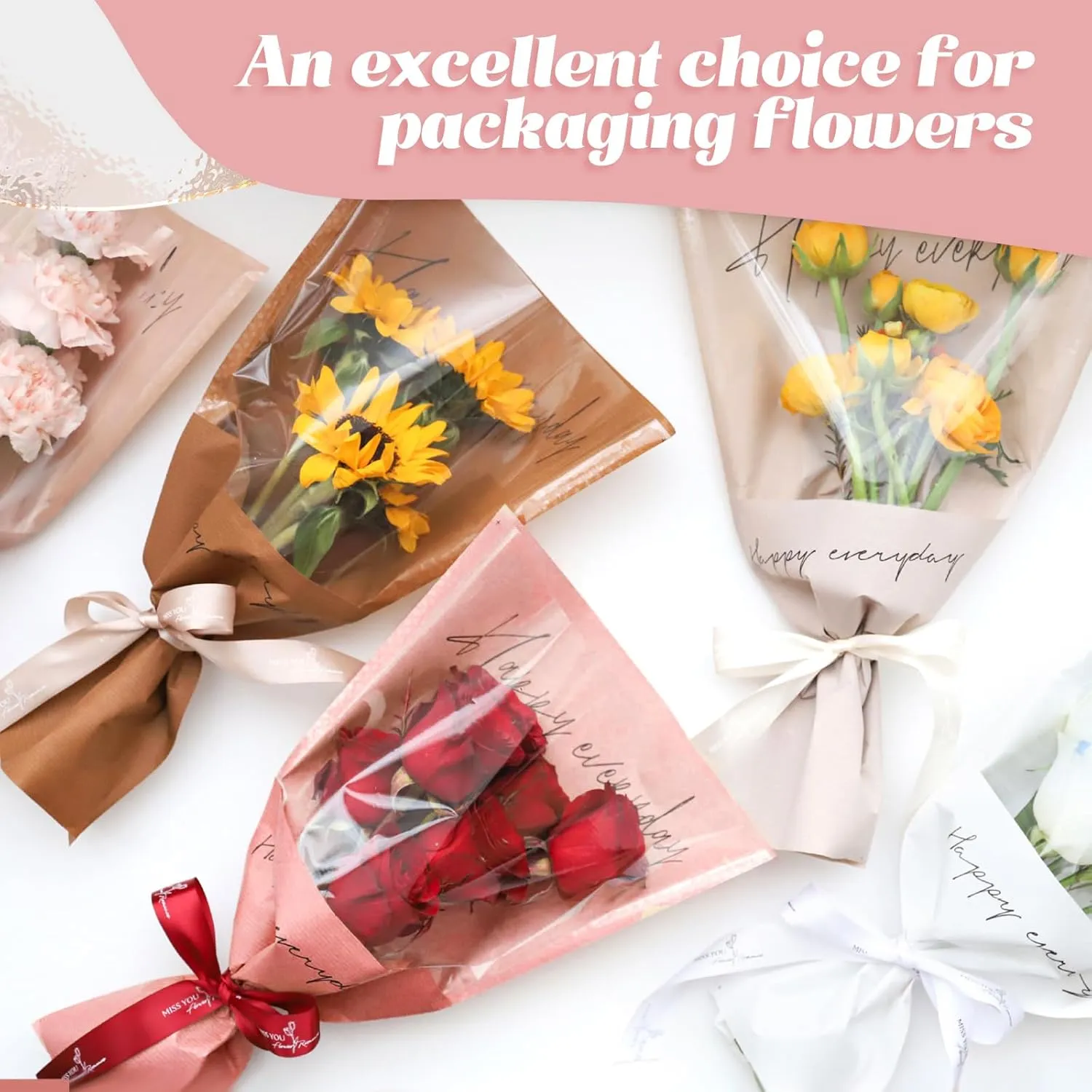 Harloon 100 Pcs Flower Wrapping Bags 11 x 5.1 x 17.3in Kraft Paper Flower Sleeves for Bouquet Clear Flower Wrapping Paper Multiple Flower Packaging Bag for Mother's Day Anniversary Wedding (Colorful)