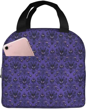 Haunted Mansion Print Insulated Lunch Bag Extended Cooling Enhanced Freshness Front Pocket Zipper Closure