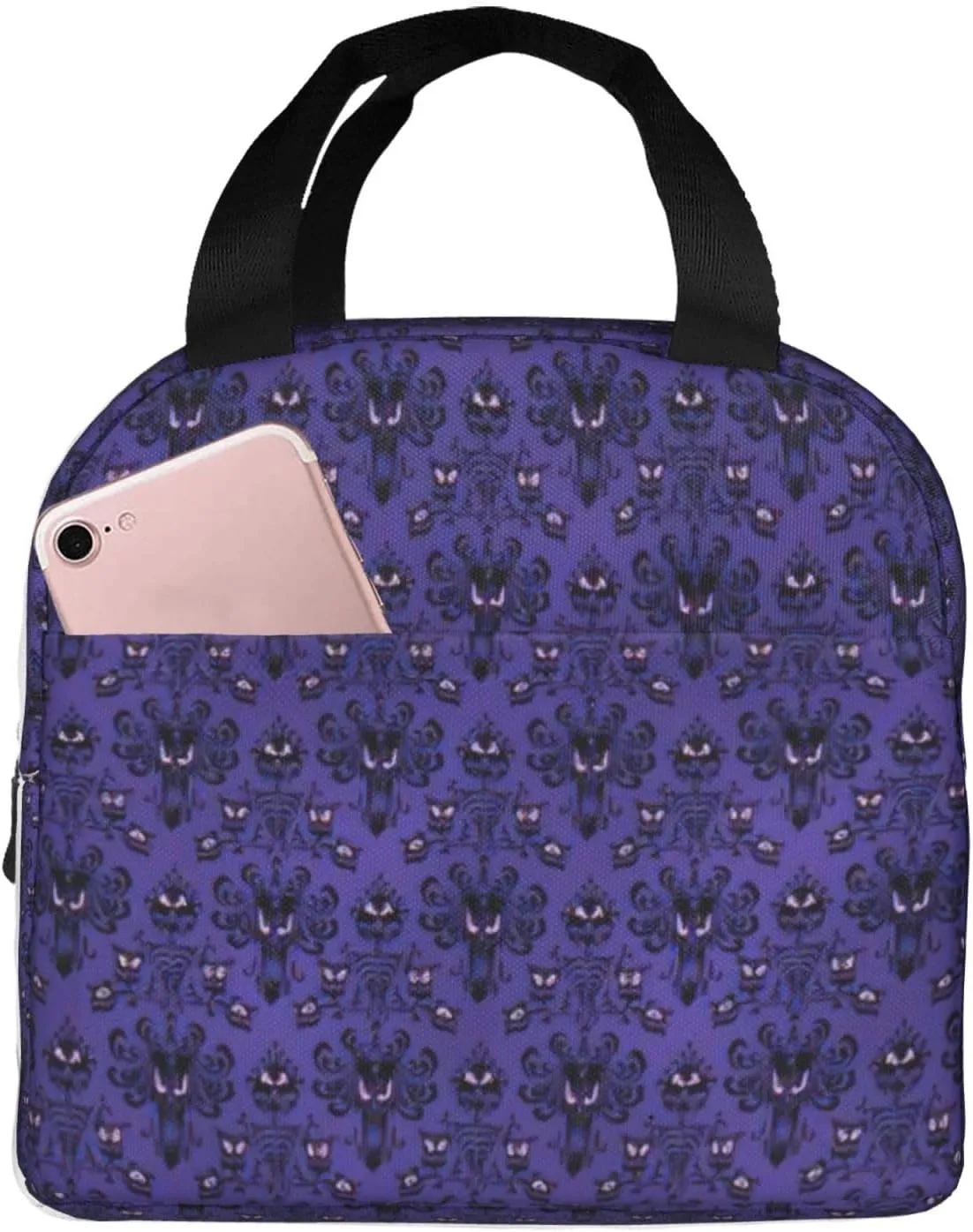 Haunted Mansion Print Insulated Lunch Bag Extended Cooling Enhanced Freshness Front Pocket Zipper Closure