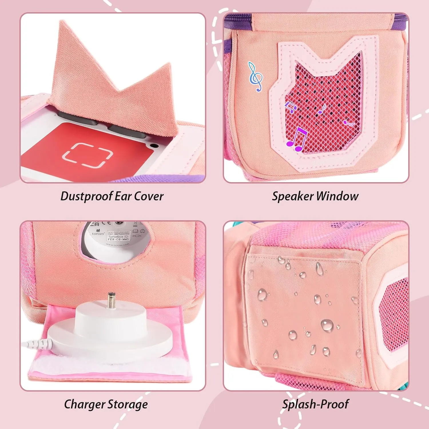 Hautton Carrying Case for Toniebox, Portable Storage Travel Bag for Tonies Figures Charging Station with Shoulder Strap Handle and Toniebox Ears Cover -Pink