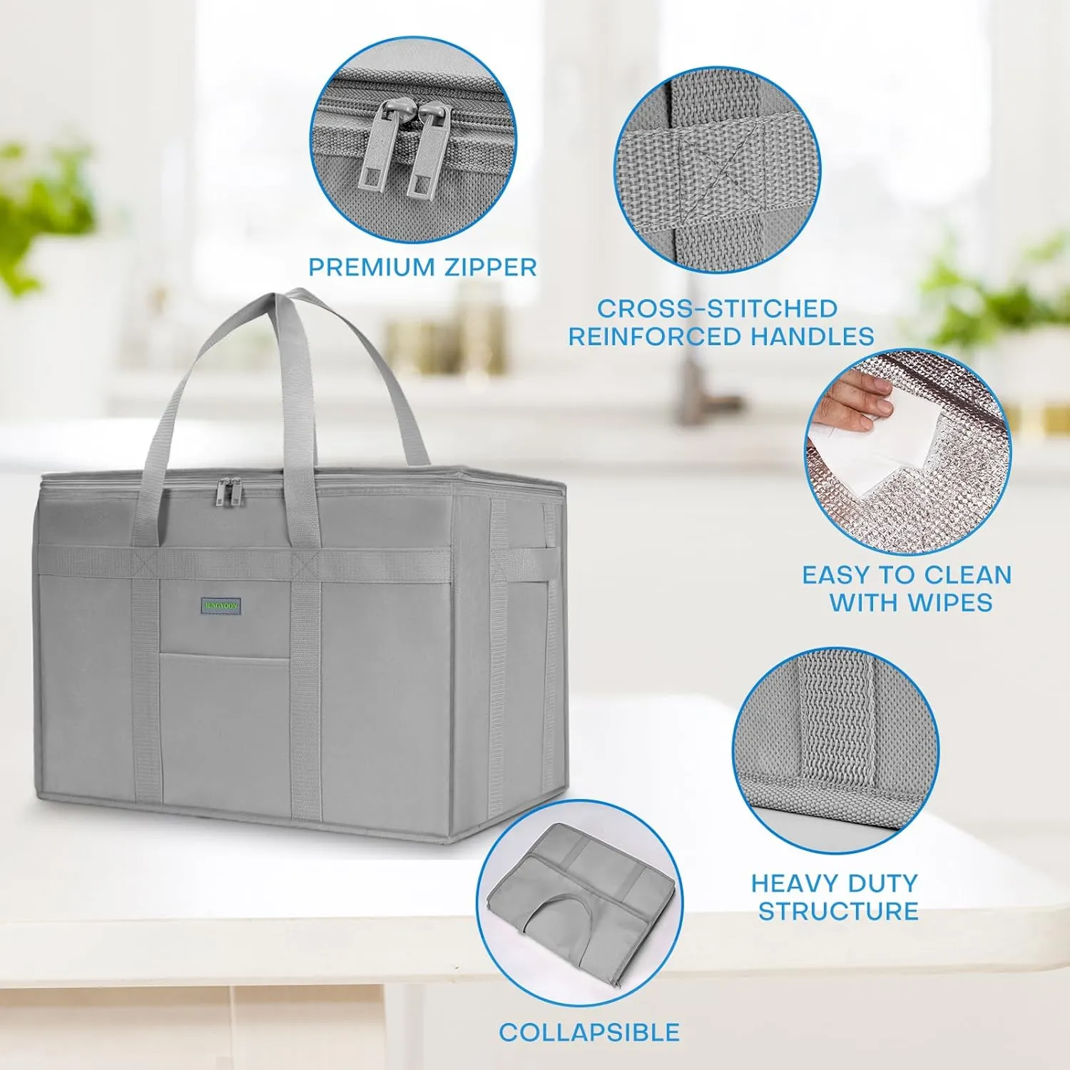 Heavy-Duty Insulated Grocery Bags & Food Delivery Bag – Collapsible Cooler Bag with Zippered Top | Reusable Shopping Bags for Groceries, Picnics, Easy Storage (XL Grey)