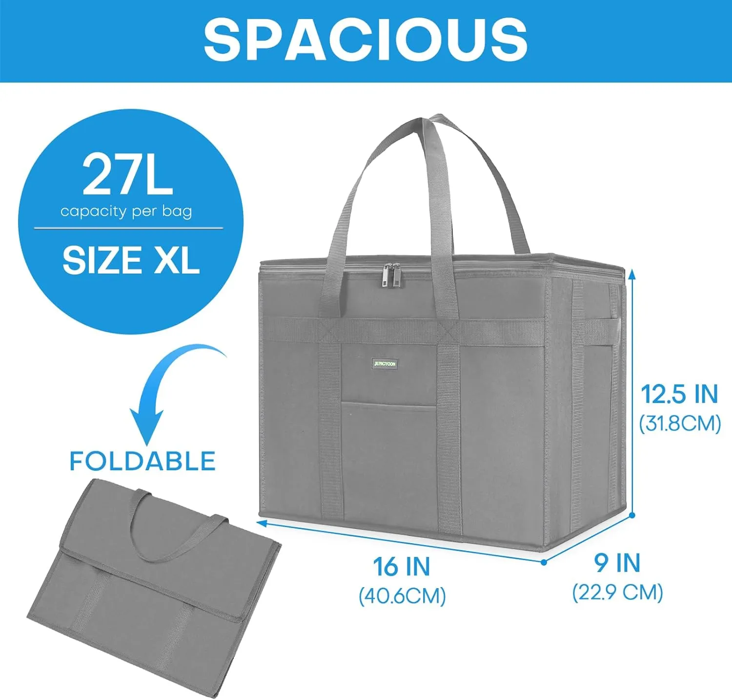 Heavy-Duty Insulated Grocery Bags & Food Delivery Bag – Collapsible Cooler Bag with Zippered Top | Reusable Shopping Bags for Groceries, Picnics, Easy Storage (XL Grey)