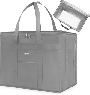 Heavy-Duty Insulated Grocery Bags & Food Delivery Bag – Collapsible Cooler Bag with Zippered Top | Reusable Shopping Bags for Groceries, Picnics, Easy Storage (XL Grey)