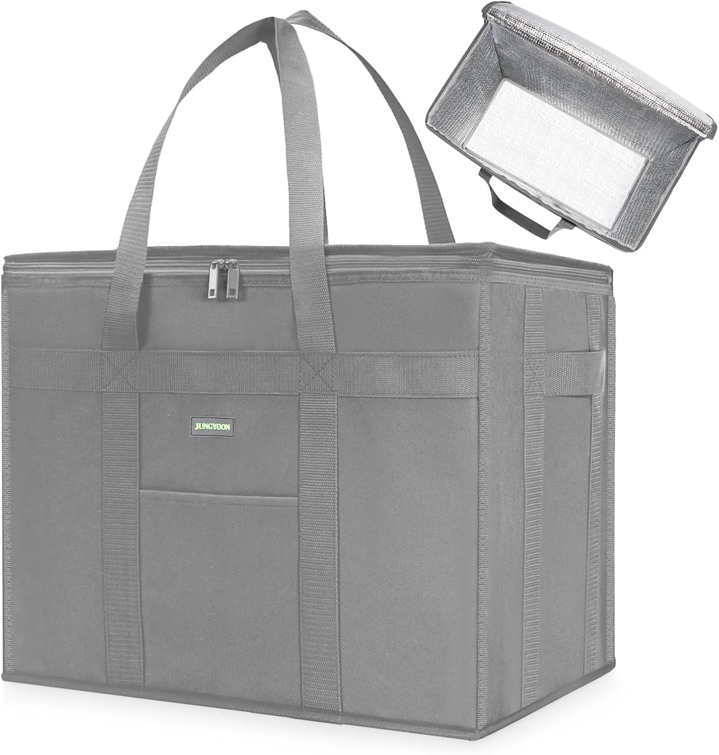 Heavy-Duty Insulated Grocery Bags & Food Delivery Bag – Collapsible Cooler Bag with Zippered Top | Reusable Shopping Bags for Groceries, Picnics, Easy Storage (XL Grey)