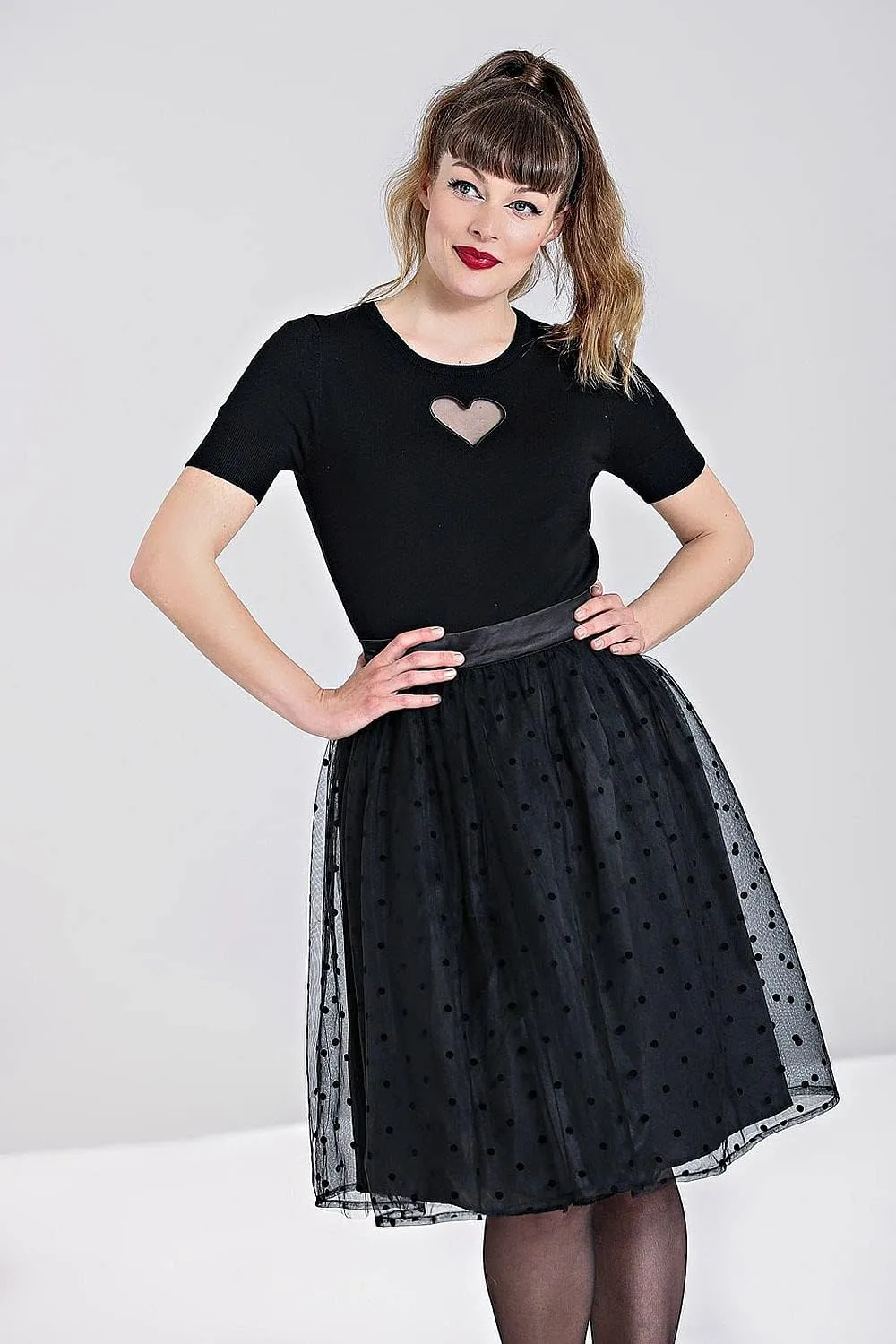 Hell Bunny Amandine 50's Black Flocked Tulle Polka Dot Skirt