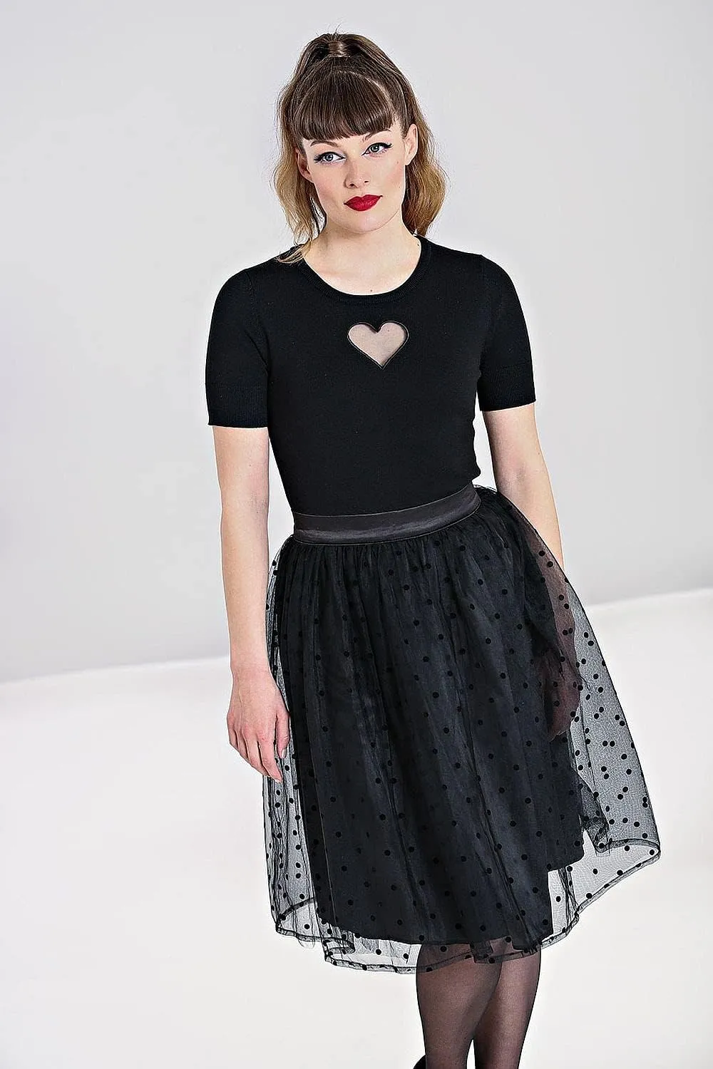 Hell Bunny Amandine 50's Black Flocked Tulle Polka Dot Skirt