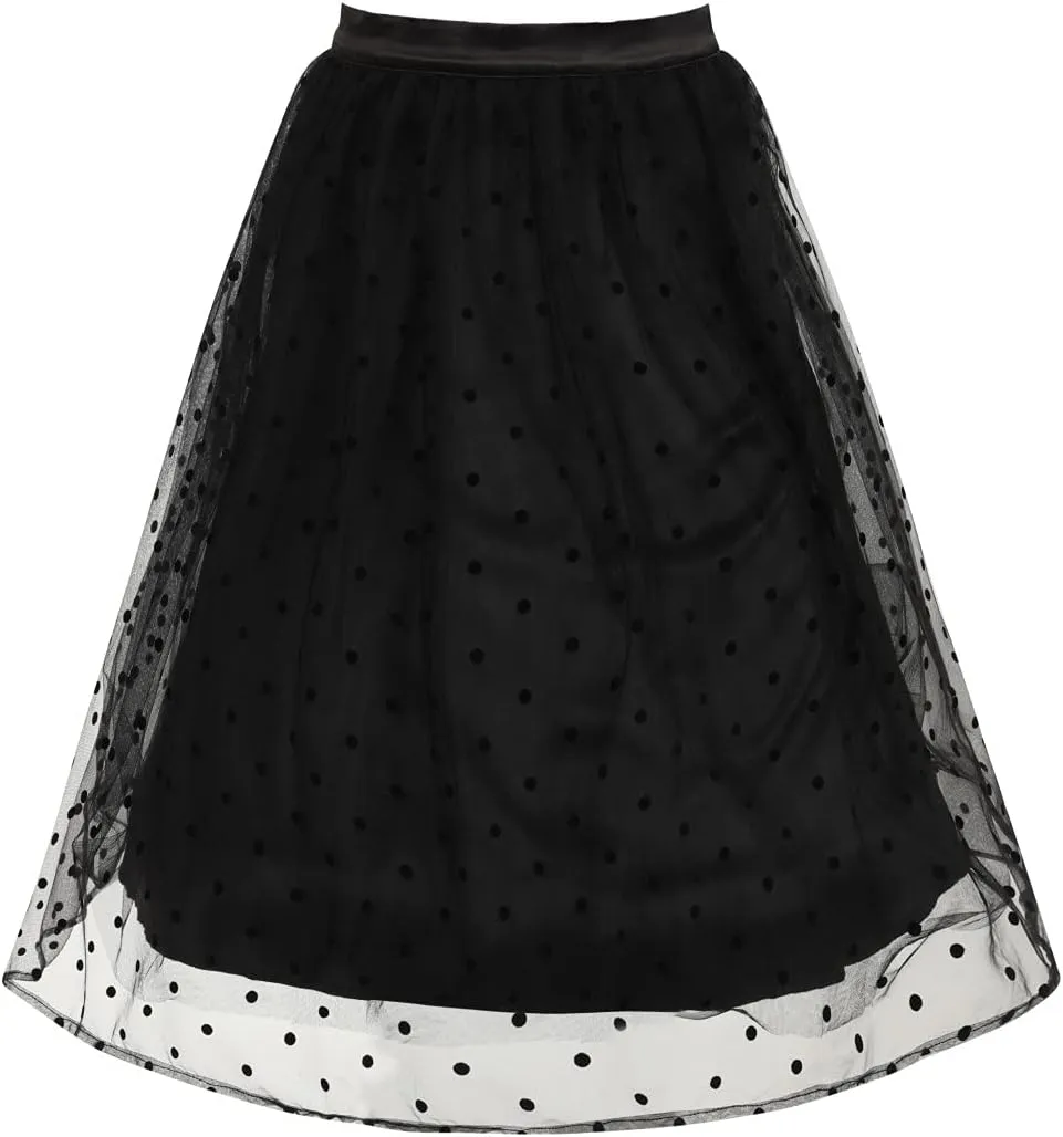 Hell Bunny Amandine 50's Black Flocked Tulle Polka Dot Skirt