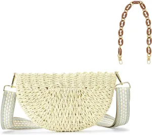 Herald Semicircle Handmade Straw Crossbody Bag for Women, Summer Chic Woven Handbag Shoulder Purse with Chain & Guitar Strap