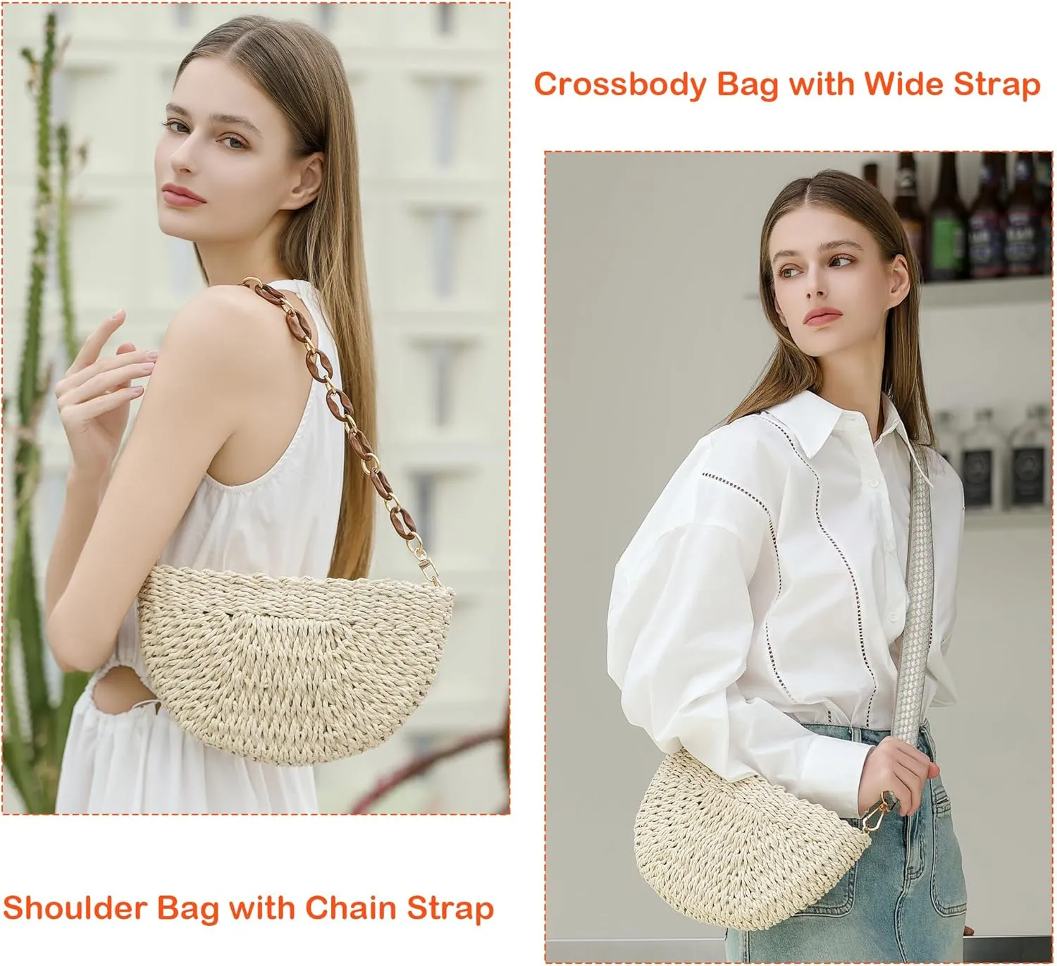 Herald Semicircle Handmade Straw Crossbody Bag for Women, Summer Chic Woven Handbag Shoulder Purse with Chain & Guitar Strap