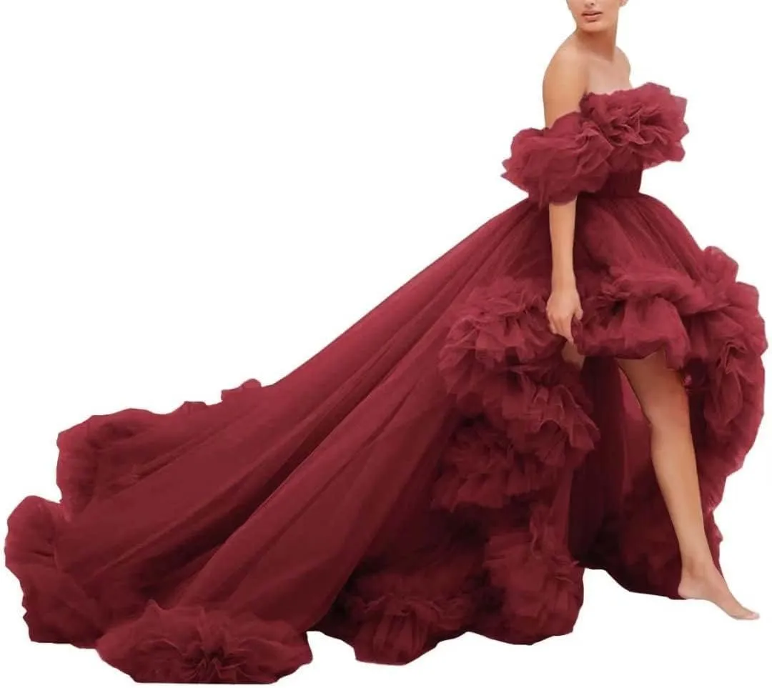 High Low Tulle Prom Dress Off Shoulder Ruffles Ball Gown Long Puffy Formal Dress for Photoshoot CA72