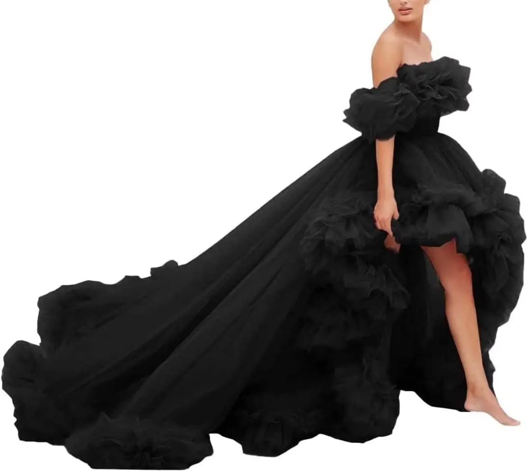 High Low Tulle Prom Dress Off Shoulder Ruffles Ball Gown Long Puffy Formal Dress for Photoshoot CA72