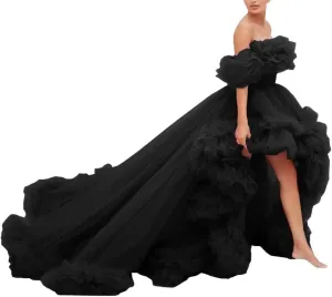High Low Tulle Prom Dress Off Shoulder Ruffles Ball Gown Long Puffy Formal Dress for Photoshoot CA72