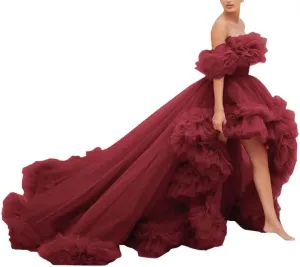 High Low Tulle Prom Dress Off Shoulder Ruffles Ball Gown Long Puffy Formal Dress for Photoshoot CA72