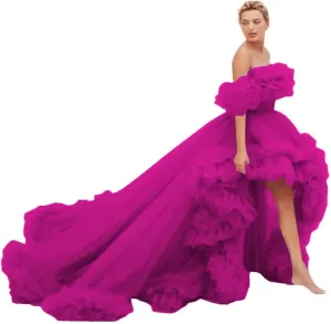 High Low Tulle Prom Dress Off Shoulder Ruffles Ball Gown Long Puffy Formal Dress for Photoshoot CA72