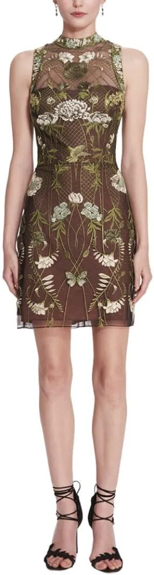 High-Neck Mirrored Embroidery Dress