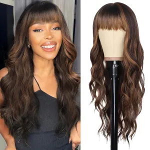 Highlight Brown Wig with Bangs for Women Long Curly Wavy Wig with Dark Roots Heat Resistant Synthetic Bangs Wig for Daily Party Use (Dark Brown Mixed Chestnut,26 Inches)