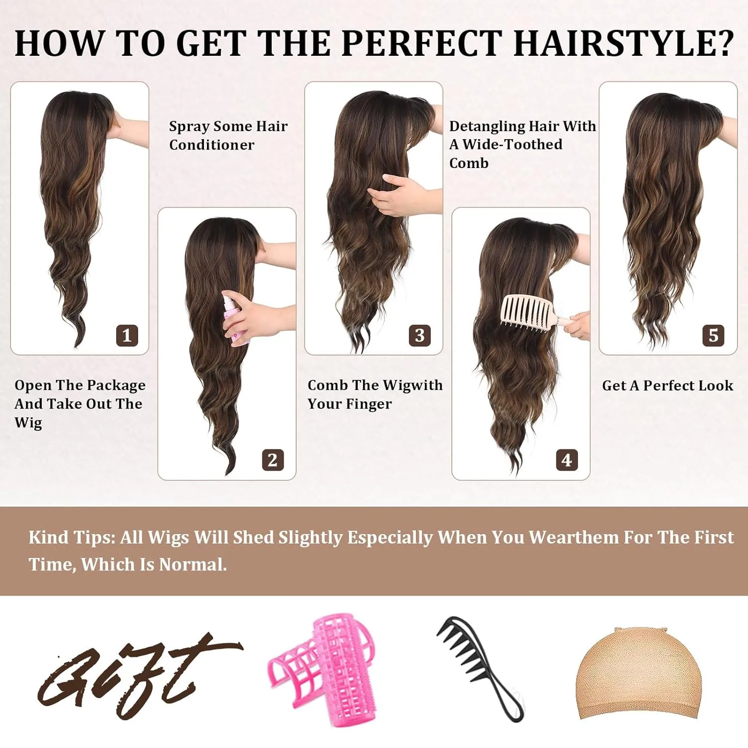 Highlight Brown Wig with Bangs for Women Long Curly Wavy Wig with Dark Roots Heat Resistant Synthetic Bangs Wig for Daily Party Use (Dark Brown Mixed Chestnut,26 Inches)