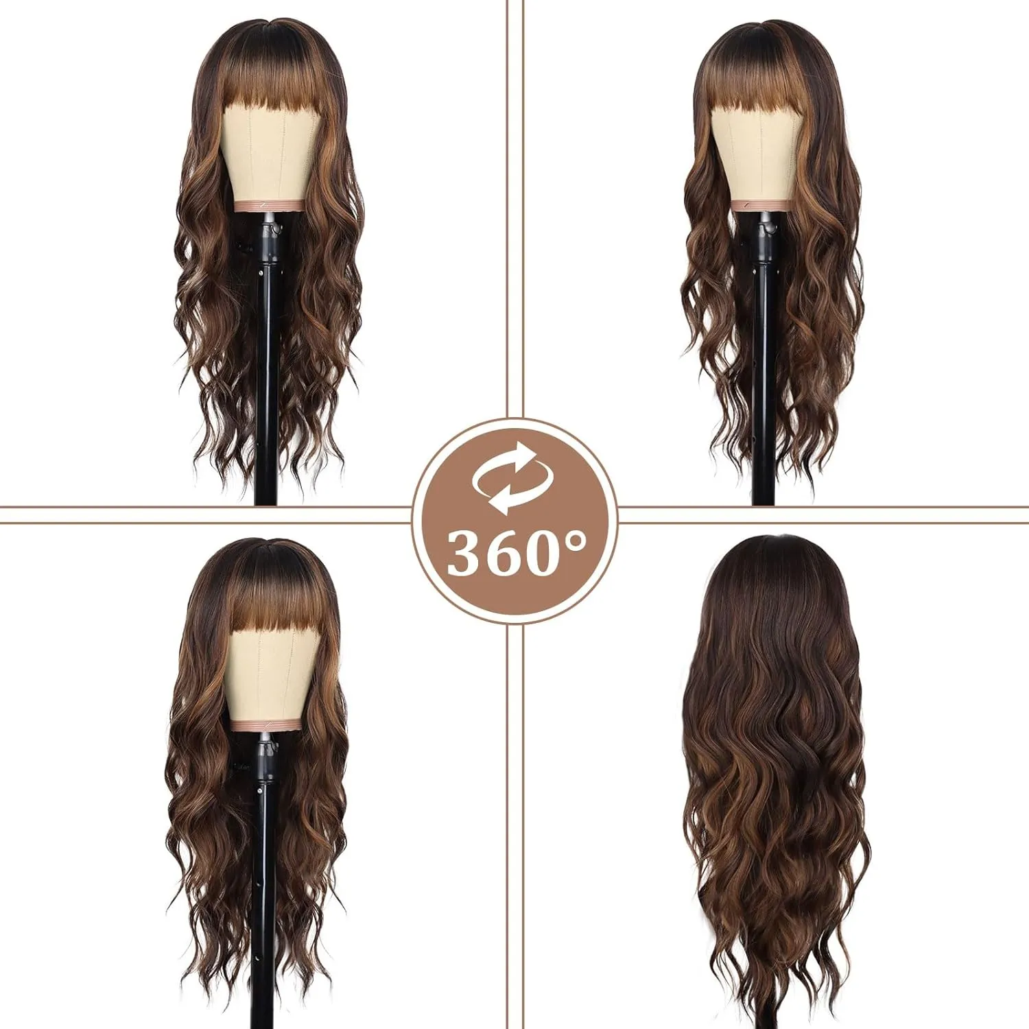 Highlight Brown Wig with Bangs for Women Long Curly Wavy Wig with Dark Roots Heat Resistant Synthetic Bangs Wig for Daily Party Use (Dark Brown Mixed Chestnut,26 Inches)