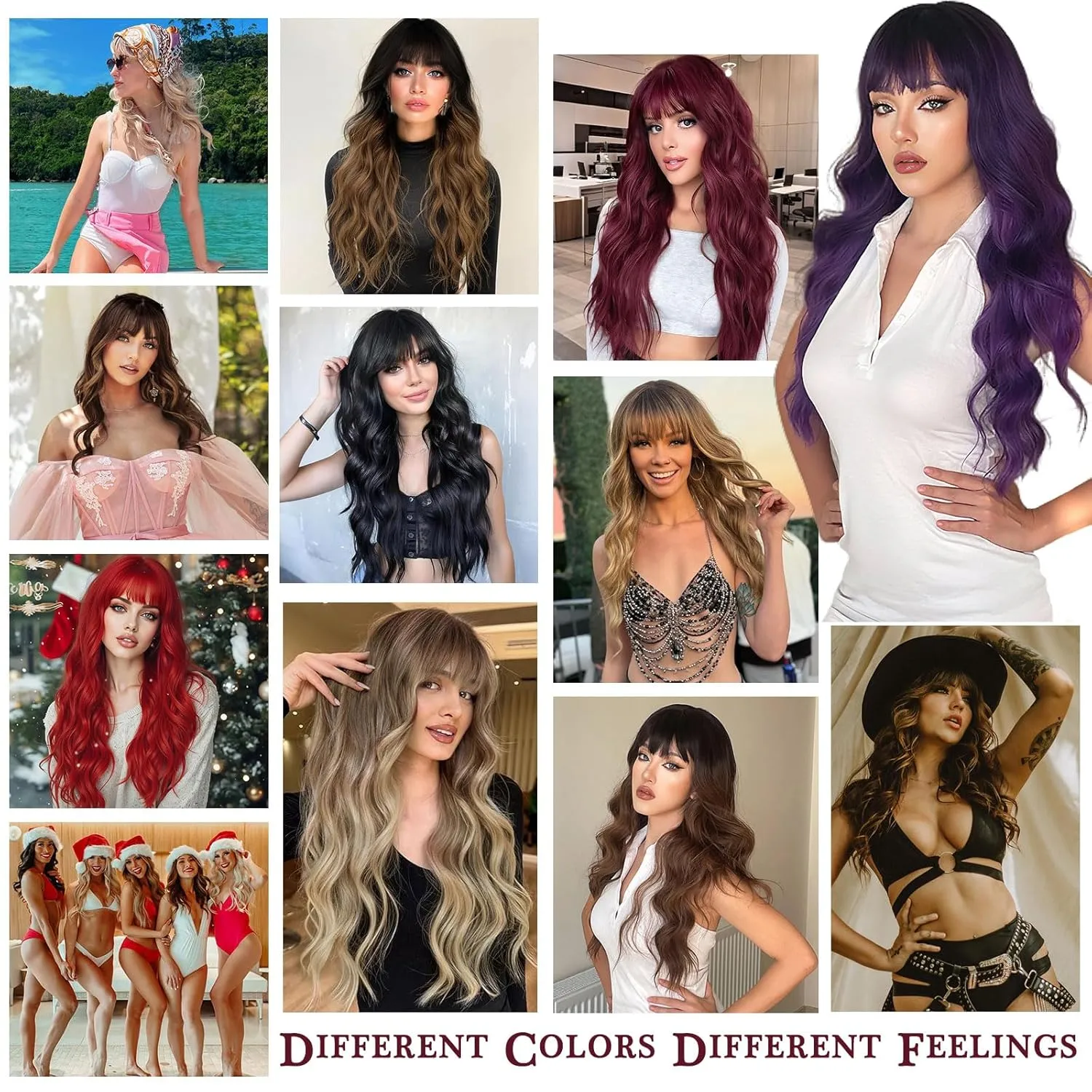 Highlight Brown Wig with Bangs for Women Long Curly Wavy Wig with Dark Roots Heat Resistant Synthetic Bangs Wig for Daily Party Use (Dark Brown Mixed Chestnut,26 Inches)