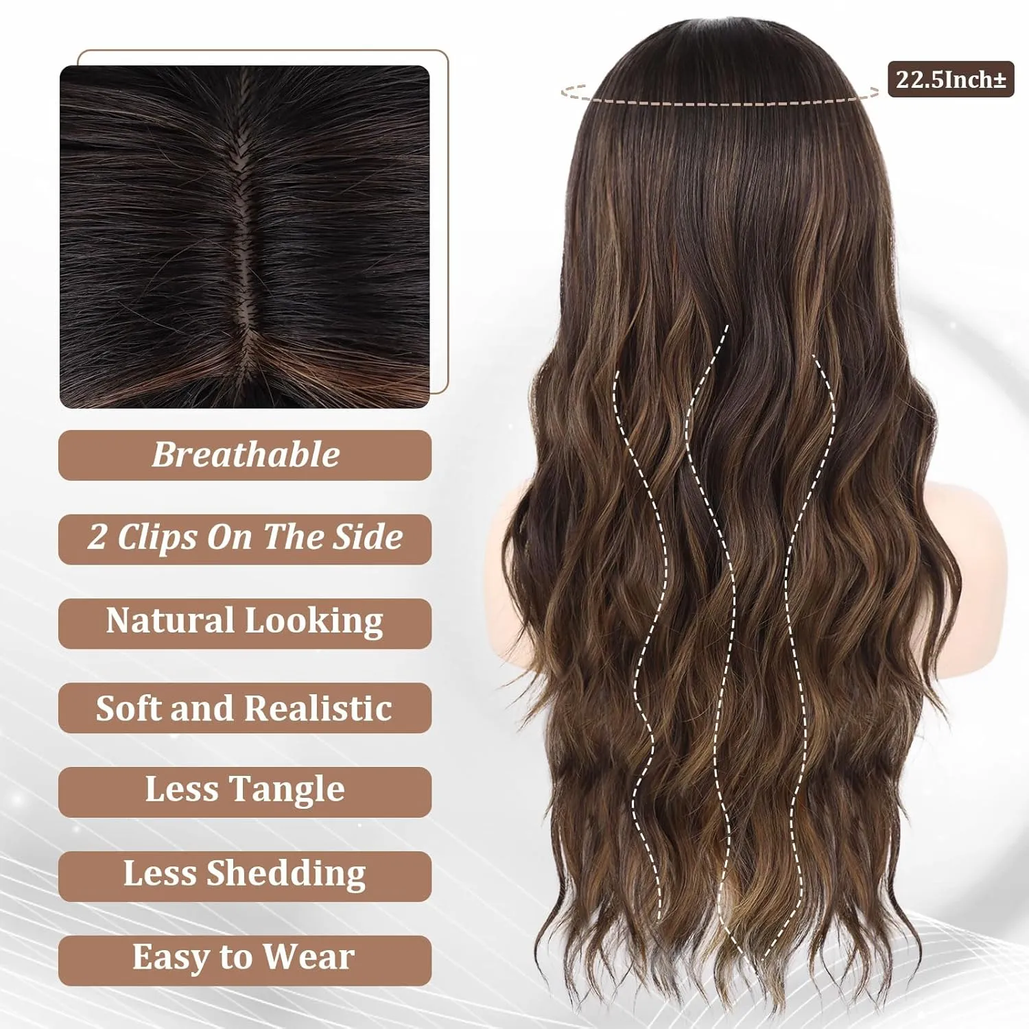Highlight Brown Wig with Bangs for Women Long Curly Wavy Wig with Dark Roots Heat Resistant Synthetic Bangs Wig for Daily Party Use (Dark Brown Mixed Chestnut,26 Inches)