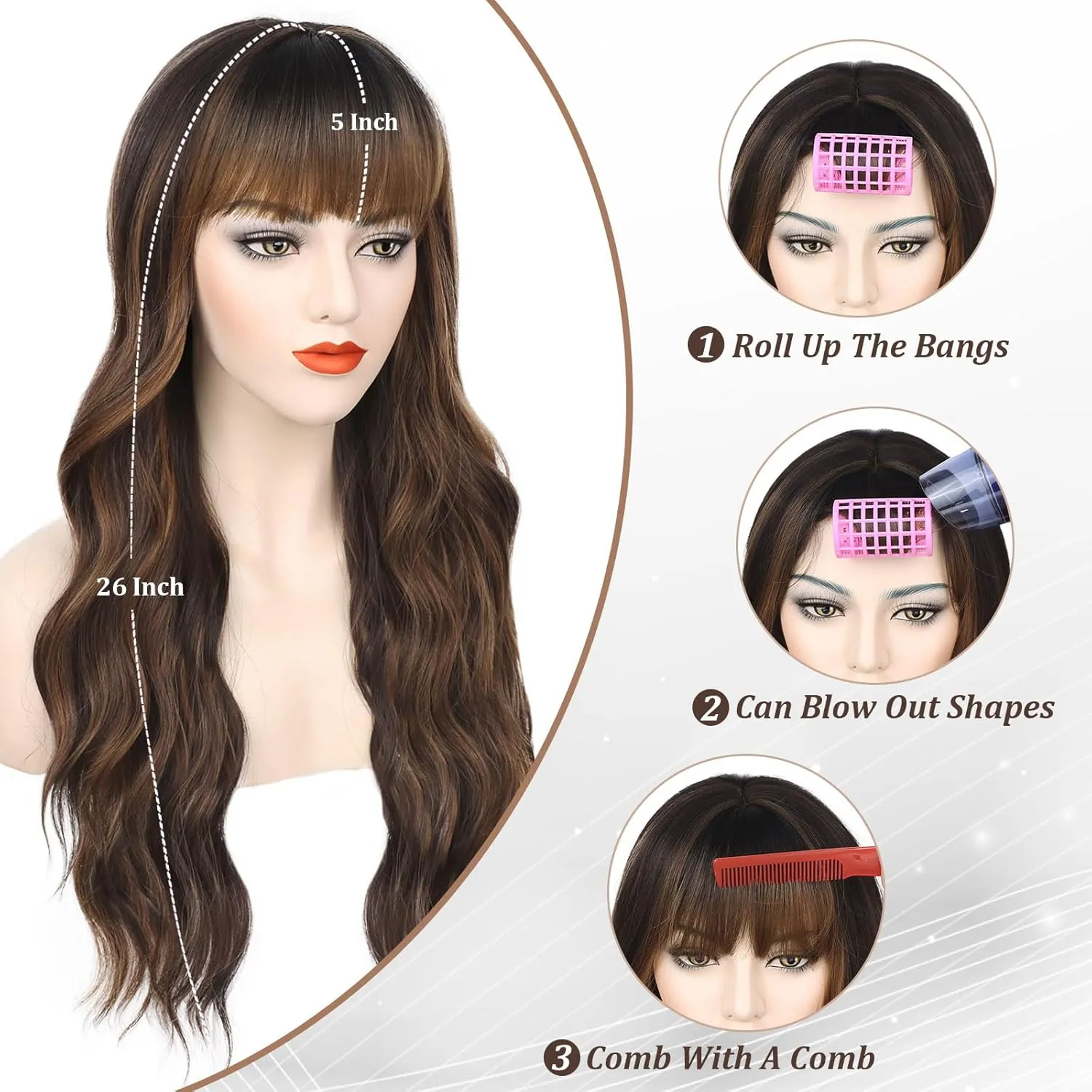 Highlight Brown Wig with Bangs for Women Long Curly Wavy Wig with Dark Roots Heat Resistant Synthetic Bangs Wig for Daily Party Use (Dark Brown Mixed Chestnut,26 Inches)