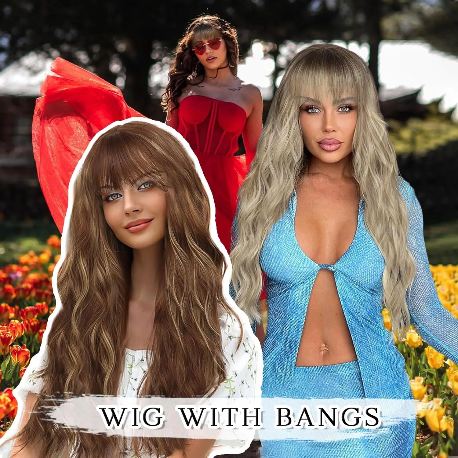 Highlight Brown Wig with Bangs for Women Long Curly Wavy Wig with Dark Roots Heat Resistant Synthetic Bangs Wig for Daily Party Use (Dark Brown Mixed Chestnut,26 Inches)