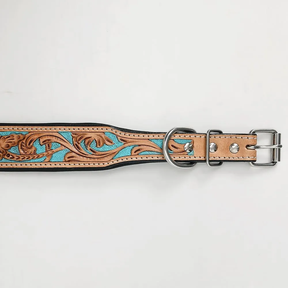 HILASON Turquoise Floral Hand Tooled Strong Genuine Leather Dog Collar Black/Tan Medium