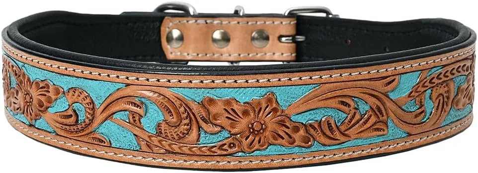 HILASON Turquoise Floral Hand Tooled Strong Genuine Leather Dog Collar Black/Tan Medium