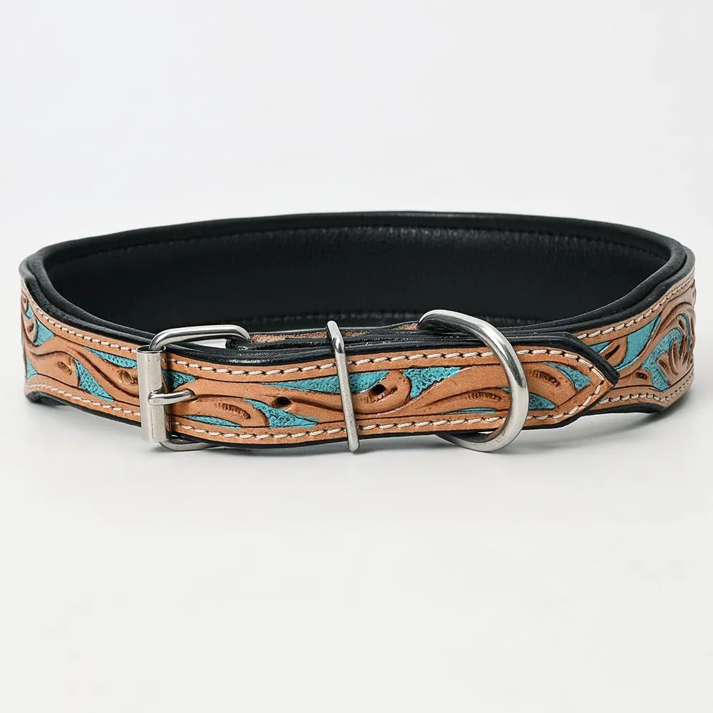 HILASON Turquoise Floral Hand Tooled Strong Genuine Leather Dog Collar Black/Tan Medium