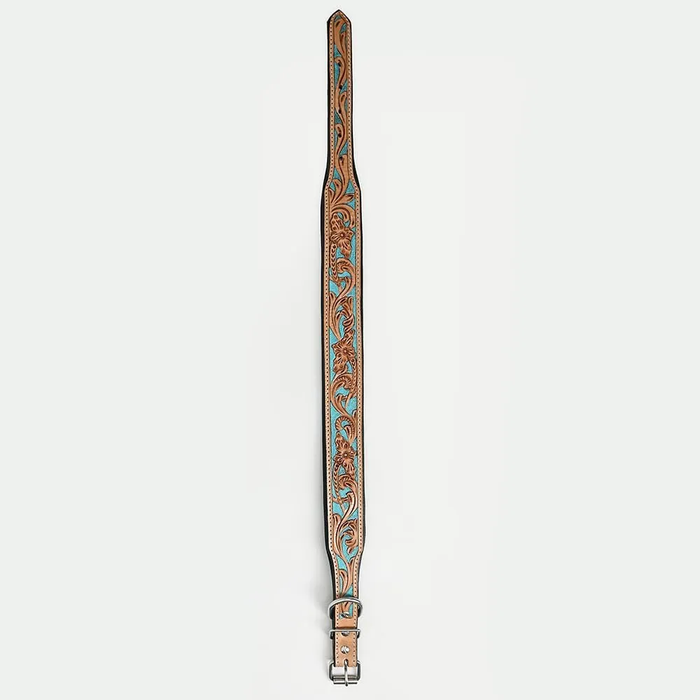HILASON Turquoise Floral Hand Tooled Strong Genuine Leather Dog Collar Black/Tan Medium