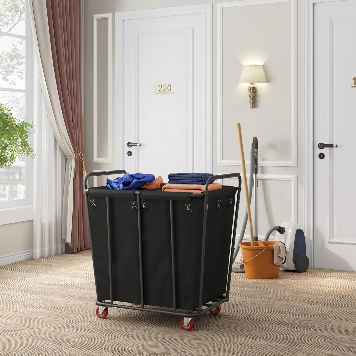 Hoctieon 2 Section Laundry Sorter Cart, 400L Rolling Hamper with Wheels, Industrial Laundry Basket Organizer, Extra Large Dirty Clothes Hamper for Home & Hotel, Heavy Duty, Black