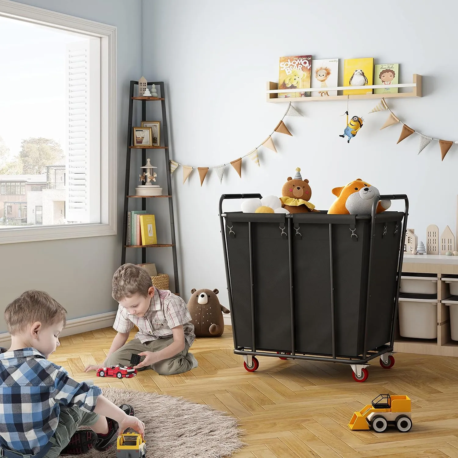 Hoctieon 2 Section Laundry Sorter Cart, 400L Rolling Hamper with Wheels, Industrial Laundry Basket Organizer, Extra Large Dirty Clothes Hamper for Home & Hotel, Heavy Duty, Black