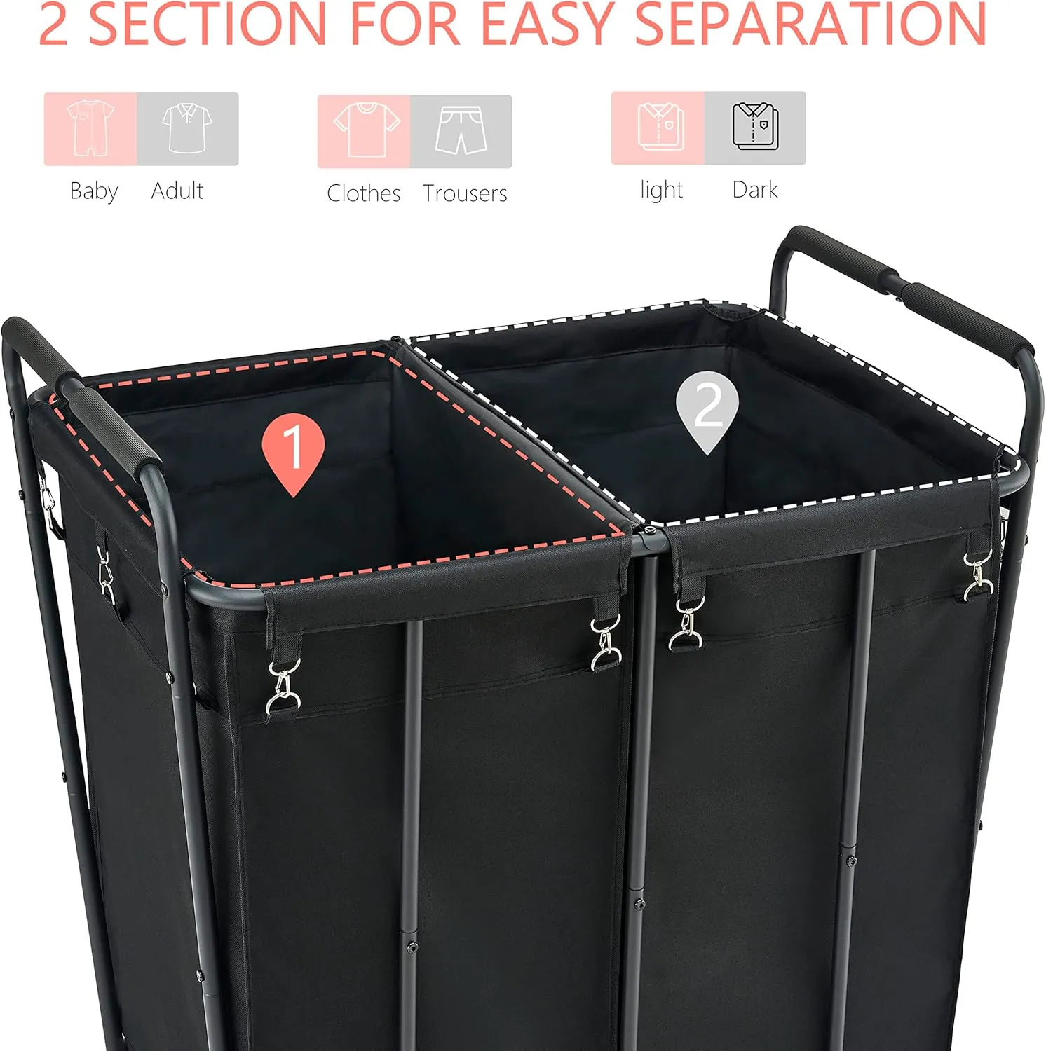Hoctieon 2 Section Laundry Sorter Cart, 400L Rolling Hamper with Wheels, Industrial Laundry Basket Organizer, Extra Large Dirty Clothes Hamper for Home & Hotel, Heavy Duty, Black