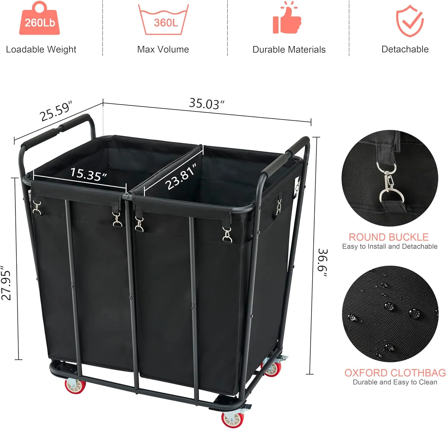 Hoctieon 2 Section Laundry Sorter Cart, 400L Rolling Hamper with Wheels, Industrial Laundry Basket Organizer, Extra Large Dirty Clothes Hamper for Home & Hotel, Heavy Duty, Black