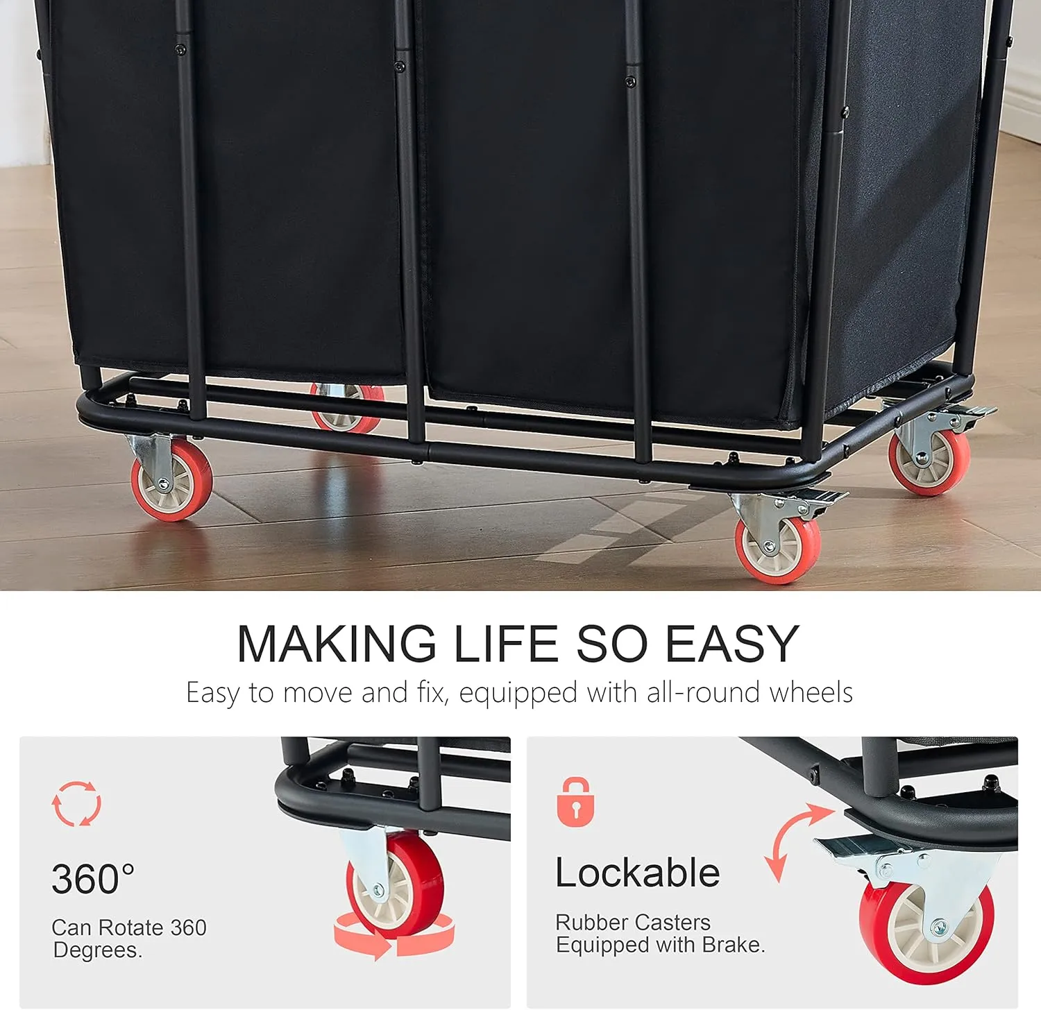 Hoctieon 2 Section Laundry Sorter Cart, 400L Rolling Hamper with Wheels, Industrial Laundry Basket Organizer, Extra Large Dirty Clothes Hamper for Home & Hotel, Heavy Duty, Black
