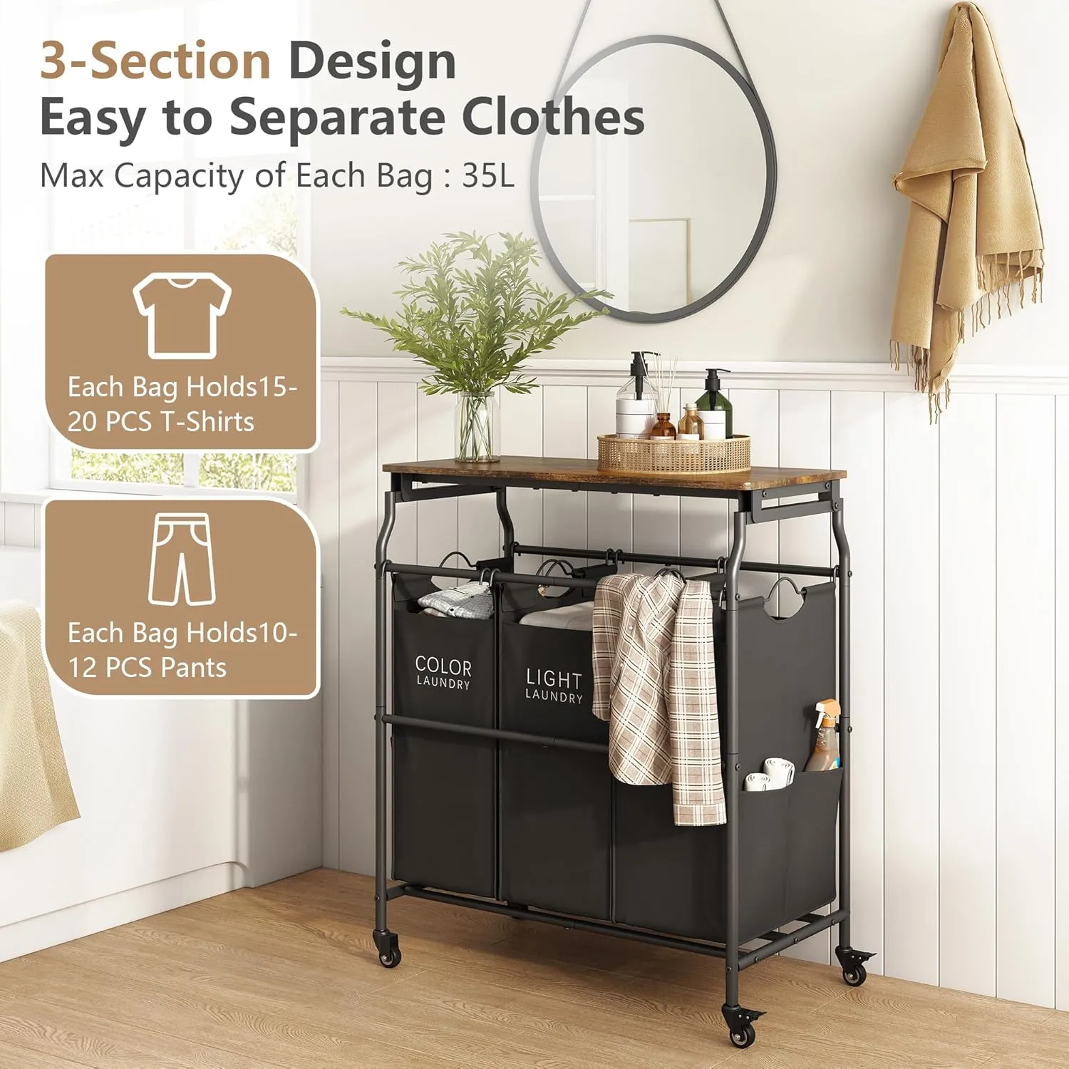 Hoctieon 3 Section Laundry Sorter Cart with Ironing Board, Laundry Hamper with Shelf and Rolling Wheels, Heavy Duty Laundry Basket Organizer, Large Clothes Separator Hamper with Removable Bags, Black