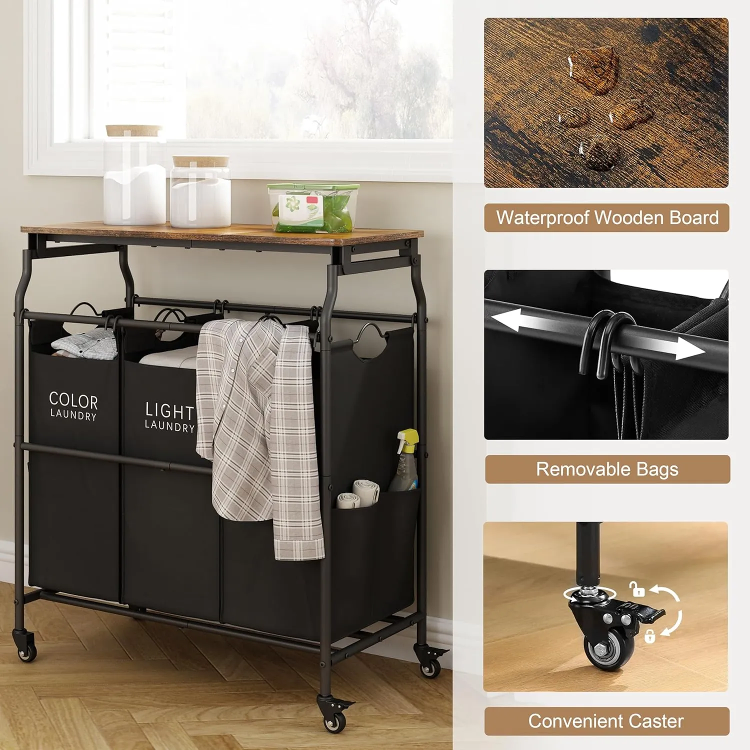 Hoctieon 3 Section Laundry Sorter Cart with Ironing Board, Laundry Hamper with Shelf and Rolling Wheels, Heavy Duty Laundry Basket Organizer, Large Clothes Separator Hamper with Removable Bags, Black