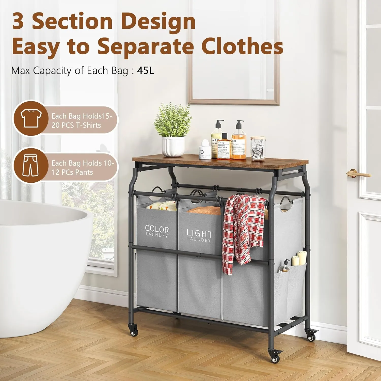 Hoctieon 3 Section Laundry Sorter Cart with Ironing Board, Laundry Hamper with Shelf and Rolling Wheels, Heavy Duty Laundry Basket Organizer, Large Clothes Separator Hamper with Removable Bags, Gray