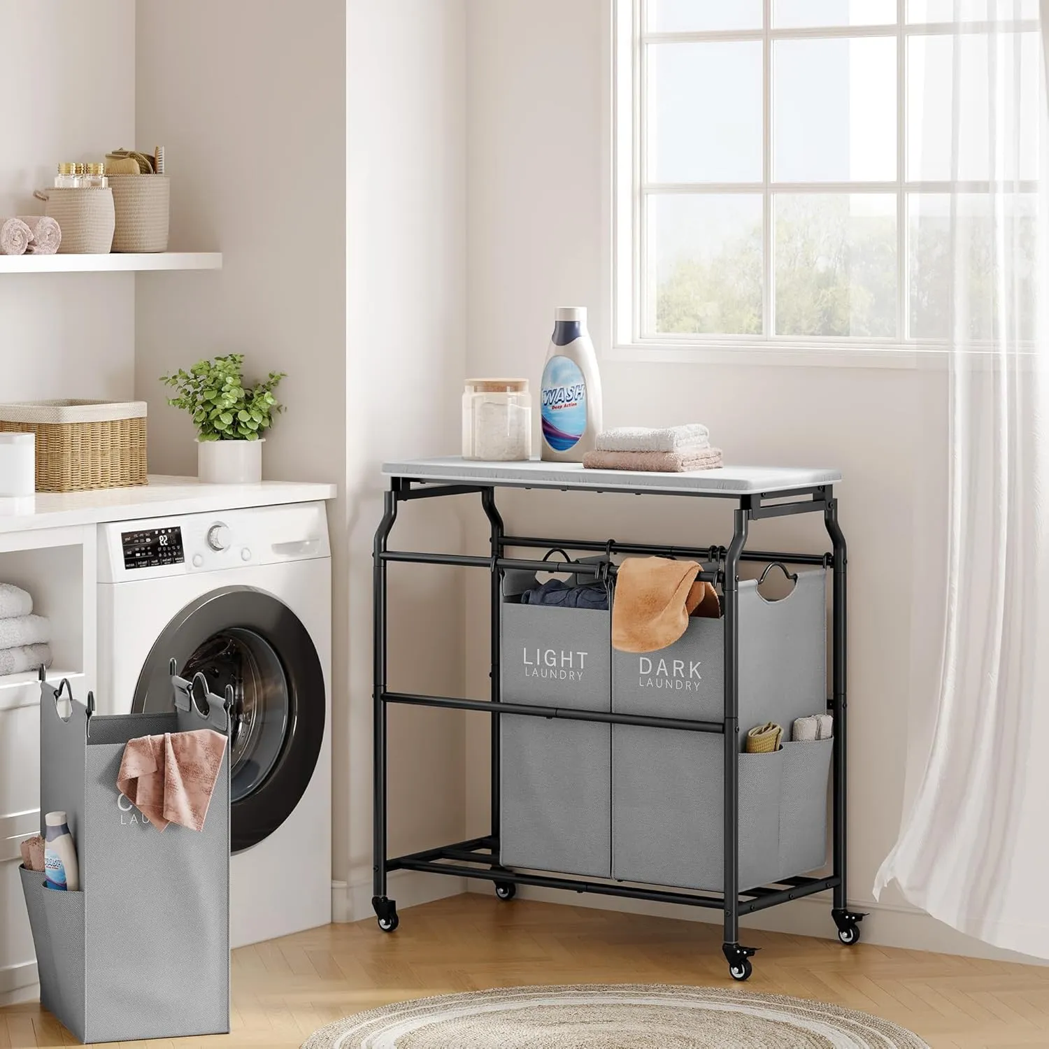 Hoctieon 3 Section Laundry Sorter Cart with Ironing Board, Laundry Hamper with Shelf and Rolling Wheels, Heavy Duty Laundry Basket Organizer, Large Clothes Separator Hamper with Removable Bags, Gray