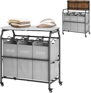 Hoctieon 3 Section Laundry Sorter Cart with Ironing Board, Laundry Hamper with Shelf and Rolling Wheels, Heavy Duty Laundry Basket Organizer, Large Clothes Separator Hamper with Removable Bags, Gray