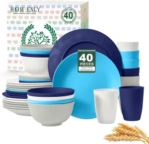Homienly 40 PCS Wheat Straw Plates and Bowls Sets, Cups Sets, Dishes Set for 8, Unbreakable Microwave and Dishwasher Safe Dinnerware Sets,Reusbale Plastic Outdoor Camping Dishes - Island Series