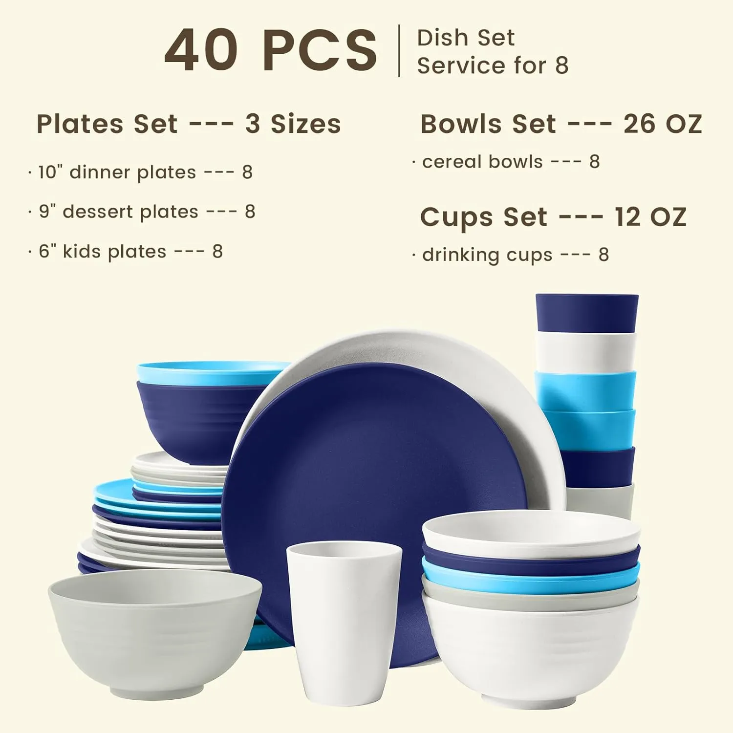 Homienly 40 PCS Wheat Straw Plates and Bowls Sets, Cups Sets, Dishes Set for 8, Unbreakable Microwave and Dishwasher Safe Dinnerware Sets,Reusbale Plastic Outdoor Camping Dishes - Island Series